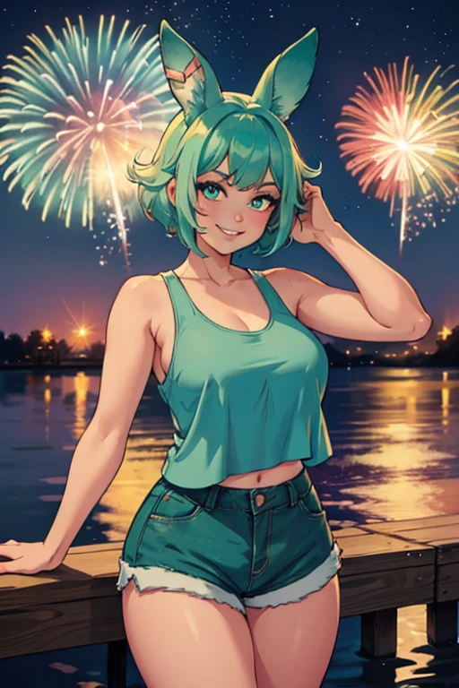 A light teal haired woman with one violet eye and one green eye and light teal rabbit ears in a cute tank top and shorts is watching fireworks on the dock with a big smile.
