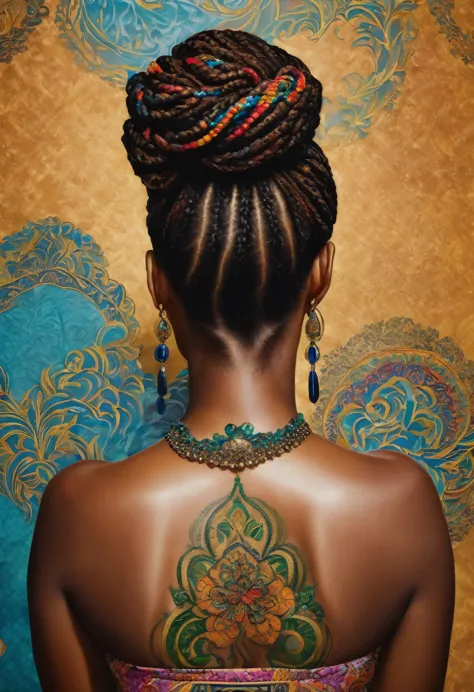 Detailed close-up of the back of a woman with an intricate and colorful tattoo, in an African hairstyle, realistic painting by K...