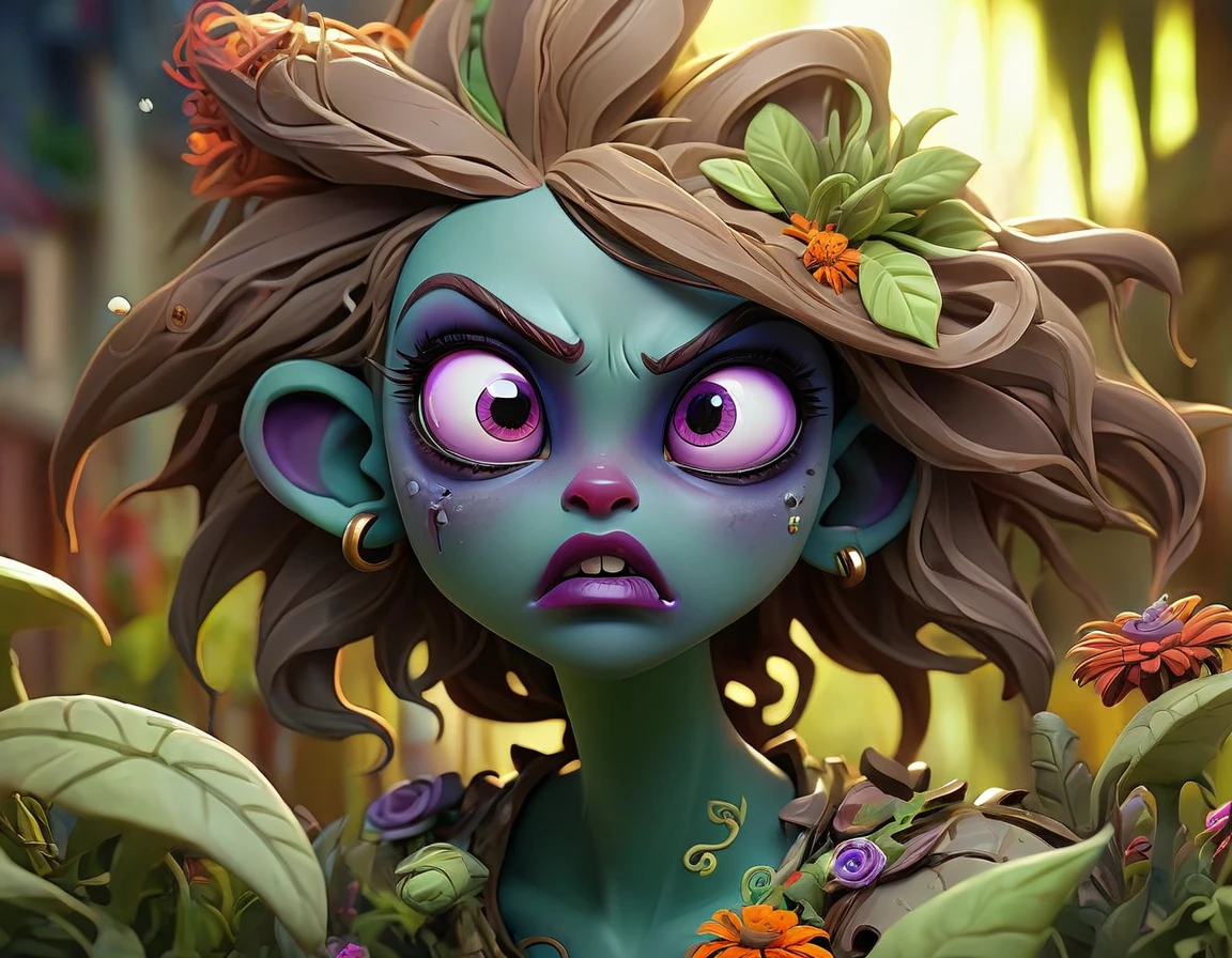 highly detailed, intricate fantasy scene, colorful plants, undead zombies, intense battle, dynamic composition, vivid colors, dramatic lighting, cinematic quality, digital painting, concept art style, surreal, magical realism, 1girl, beautiful detailed eyes, beautiful detailed lips, extremely detailed face and features, long eyelashes, bright and vibrant, lush greenery, twisted and gnarled plants, grotesque zombie creatures, fierce combat, powerful magic, brilliant hues, chiaroscuro lighting, fantastical, breathtaking, imaginative, epic scale