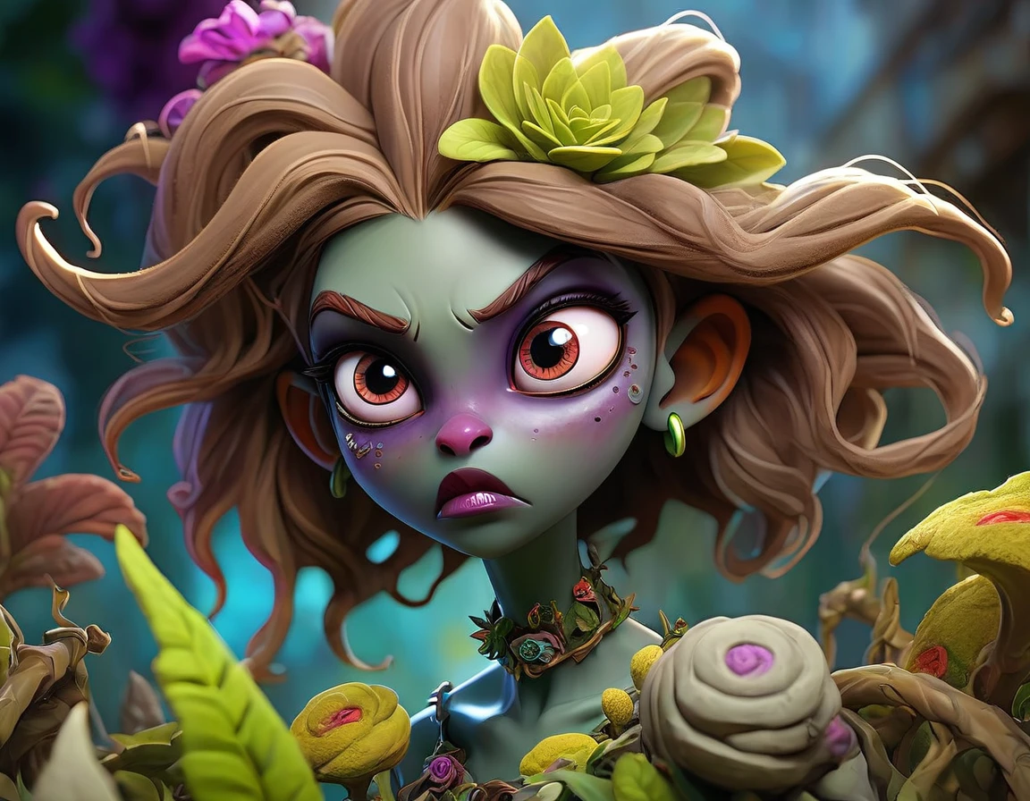 highly detailed, intricate fantasy scene, colorful plants, undead zombies, intense battle, dynamic composition, vivid colors, dramatic lighting, cinematic quality, digital painting, concept art style, surreal, magical realism, 1girl, beautiful detailed eyes, beautiful detailed lips, extremely detailed face and features, long eyelashes, bright and vibrant, lush greenery, twisted and gnarled plants, grotesque zombie creatures, fierce combat, powerful magic, brilliant hues, chiaroscuro lighting, fantastical, breathtaking, imaginative, epic scale