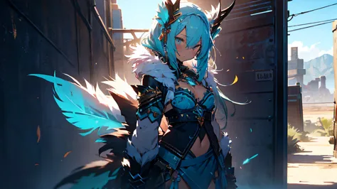 Miku Hatsune x Aloy Forbidden Horizon Dragon West Armor Tenack, add high definition_detail:1, blue fur,kitsune ears, tribal tatt...
