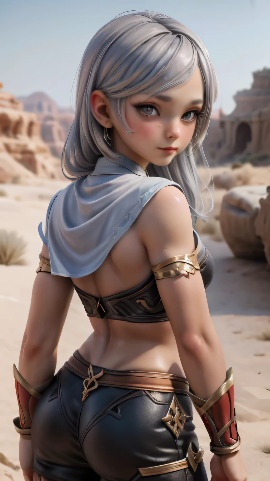 Ariel, Upper body portrait, Gray Hair, beautiful, Cute Arabian clothes, Warrior, abdomen, fit, Gray Hair, Cowboy Shot, Look Back, Desert Background, Realistic fantasy ,Concept Art,whole body