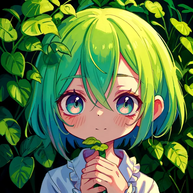 chibi zombie girl watering plants, perfect hands, detailed portrait, beautiful detailed eyes, extremely detailed face, colorful ...