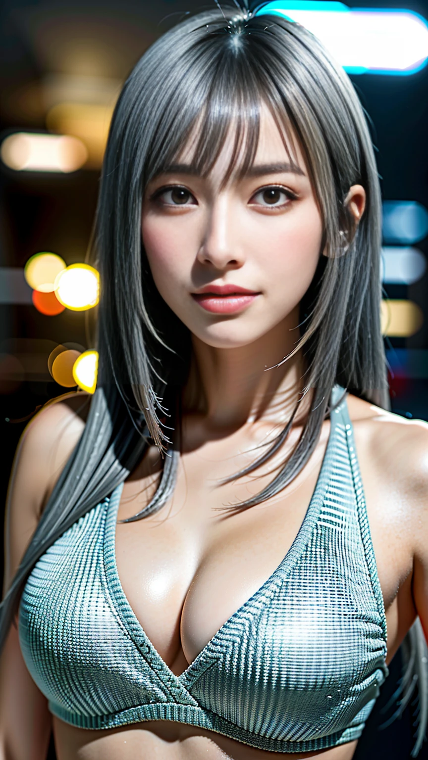 (Masseter muscle area:1.3)、(8K、Photorealistic、Raw photo、Highest quality: 1.4)、(One Girl)、Beautiful Face、(A vivid face)、(Gray Hair:1.5)、(Medium Hair)、Beautiful hairstyle、（One eye is hidden by bangs：1.5）、Realistic eyes、Beautiful details、（Realistic Skin）、Beautiful skins、（Black sweater）、Absurd、attractive、Ultra-high resolution、Surreal、High definition、Golden Ratio,Big Breasts