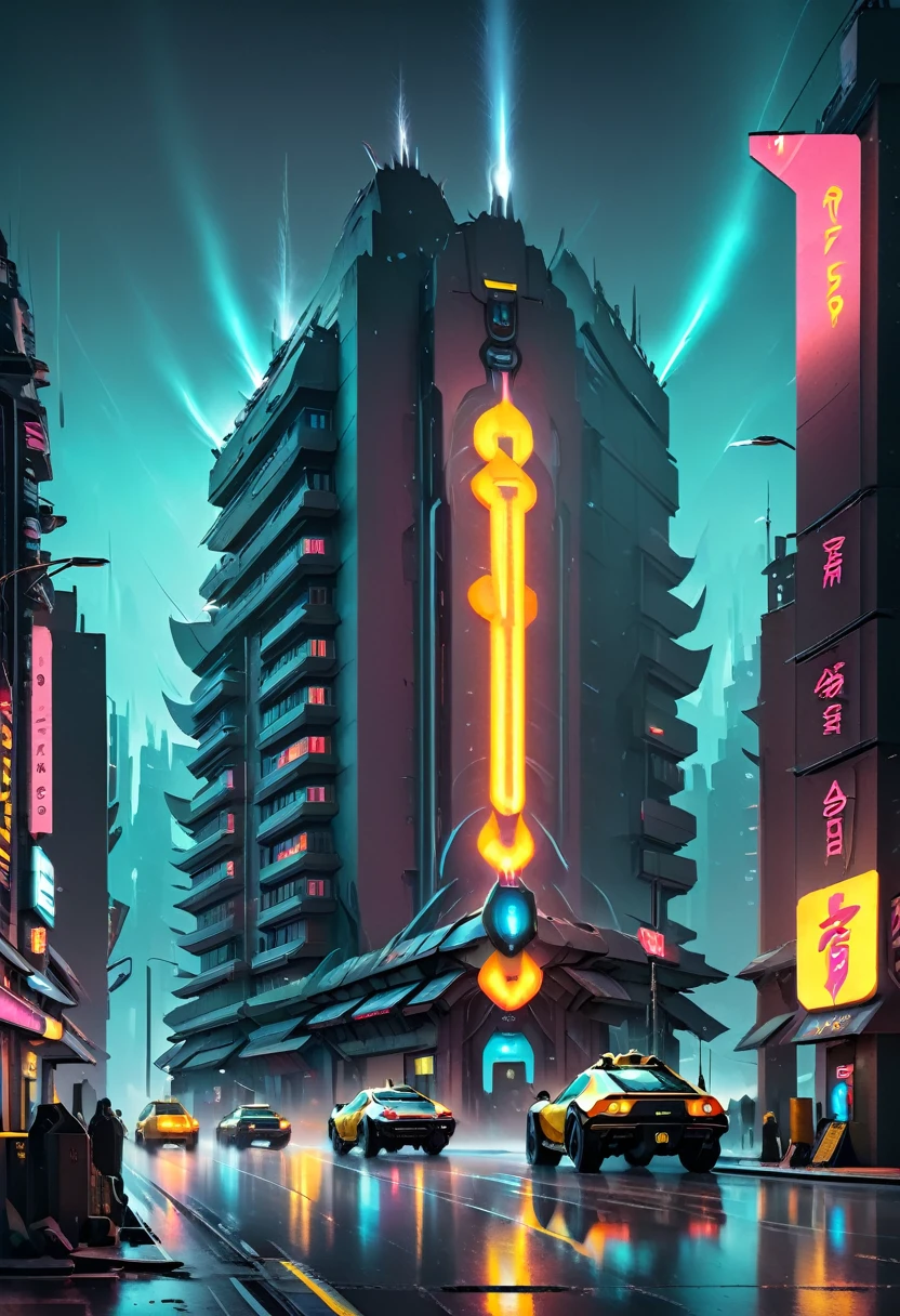 futuristisches Stadtbild bei Nacht, Neonlichter spiegeln sich auf nassen Straßen, inspiriert vom Film "Blade Runner", cyberpunk style, detaillierte Gebäude und Fahrzeuge, Helle Farben, digitales Gemälde von Simon Stålenhag