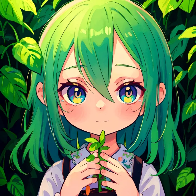 chibi zombie girl watering plants, perfect hands, detailed portrait, beautiful detailed eyes, extremely detailed face, colorful ...