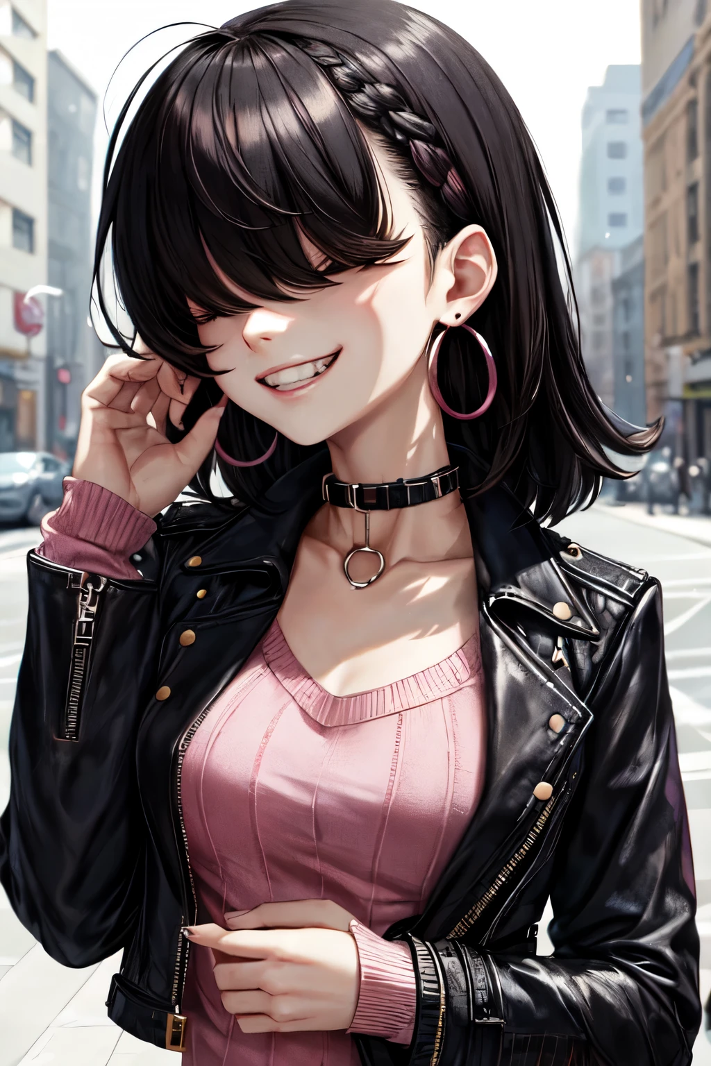 masterpiece, upper body, face portrait,  woman, solo, black hair, hair over eyes, messy hair, pink sweater, black leather jacket, grin, earrings, outdoors, collar