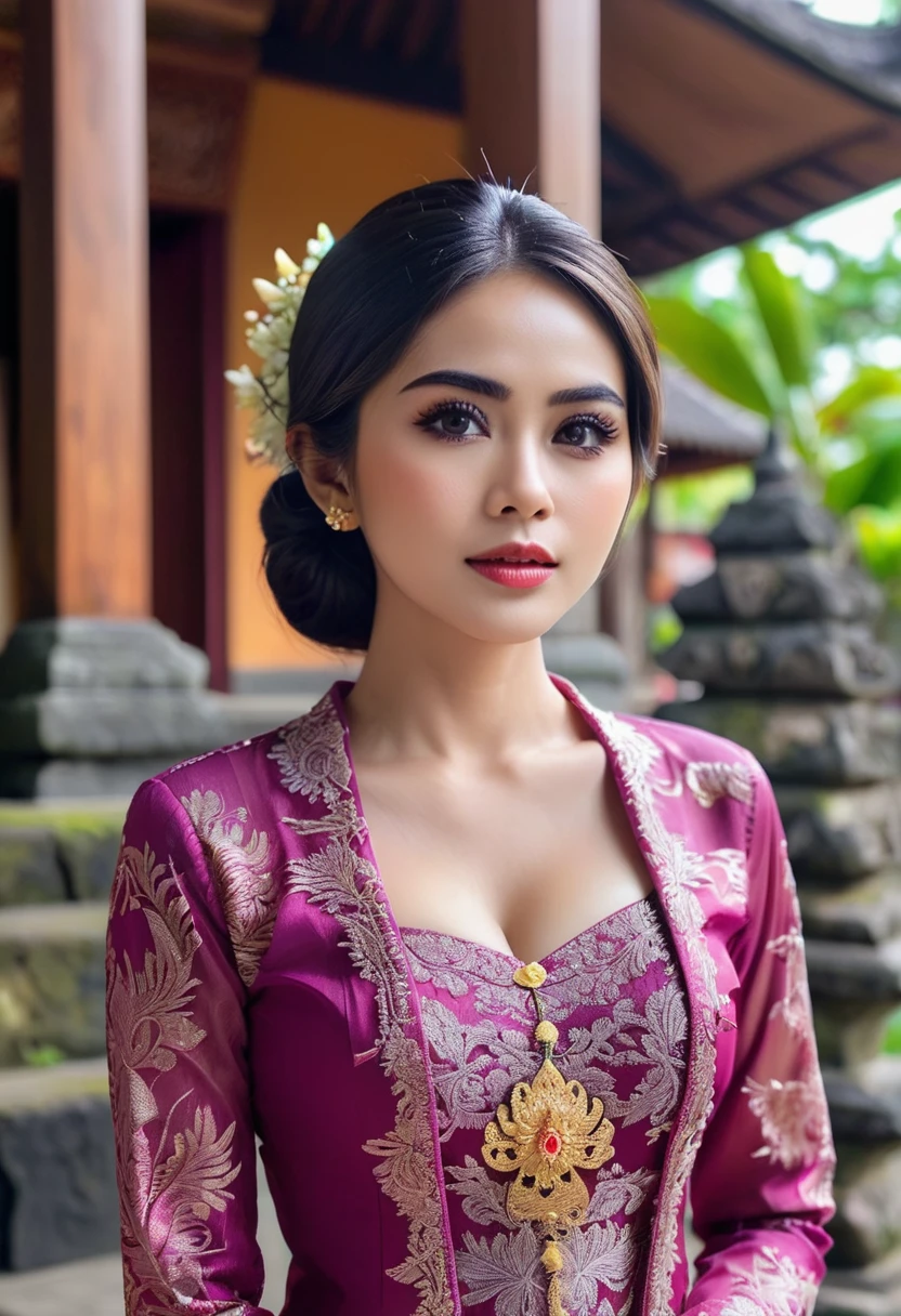 Ilustra a una hermosa niña de cerca vestida con kebaya., con el telón de fondo de un templo balinés. Asegúrese de que la imagen sea fotorrealista y de 8K HDR de alta calidad., capturando cada detalle intrincado de la escena.,kebaya,kebaya indonesia,p3rfecto ,escote
