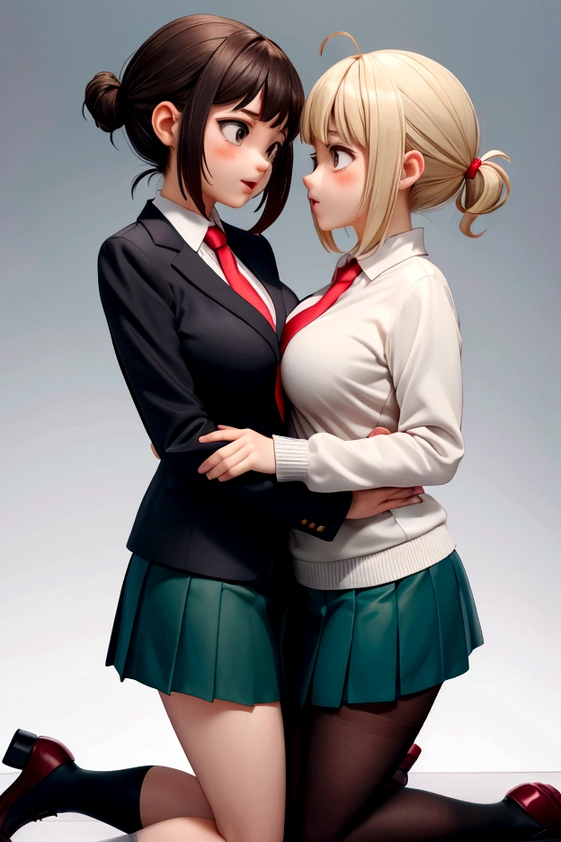 Dos mujeres. Mujeres besándose en la boca. Ochako Uraraka, traje gris a medida, una blusa blanca, corbata roja, pechos medianos, falda corta verde, pantimedias negras, bonitas piernas, zapatos negros. toga himiko, suéter amarillo pálido con cuello en V, una blusa blanca, corbata roja, pechos grandes, falda azul corta, bonitas piernas, calcetines blancos, zapatos negros, aula