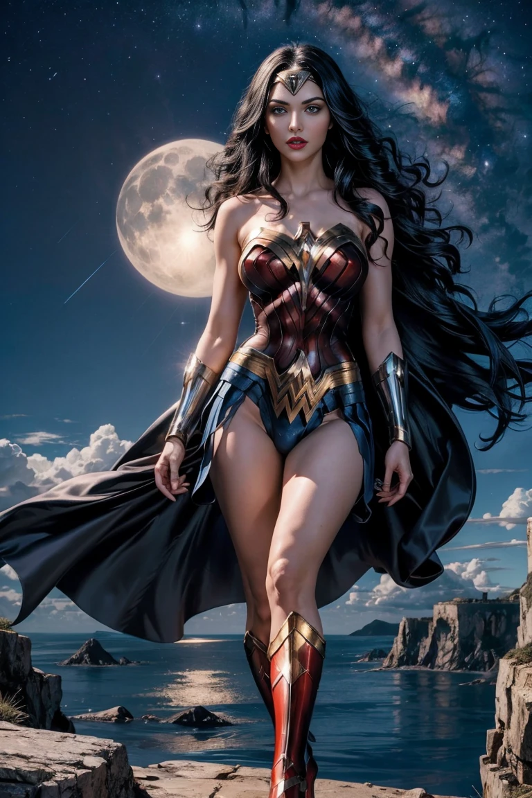 full body beautiful sexy sensual nun superheroine Wonder Woman black long hair, enchanting big blue eyes, white skin, red lips, slim muscular aristocratic body, big round breasts, long thighs, thin waist, standing on top of a cliff and looking into the distance at night in the moonlight