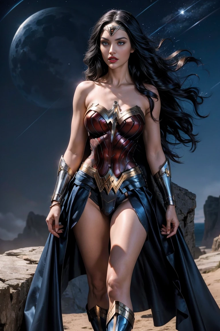 cuerpo completo hermosa sexy sensual monja superheroína Wonder Woman negro cabello largo, encantadores grandes ojos azules, piel blanca, labios rojos, cuerpo aristocrático musculoso delgado, pechos grandes y redondos, muslos largos, cintura delgada, parado en la cima de un acantilado y mirando a lo lejos por la noche a la luz de la luna
