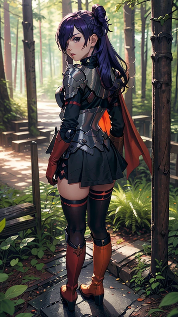 best quality, masterpiece, ultra detailed, detailed, 4K, aesthetic, tasty details, Shez, 1girl, Parted Lips, hair over one eye, choker, armor, cape, black dress, single glove, thighhighs, orange boots, From Behind, Forest.