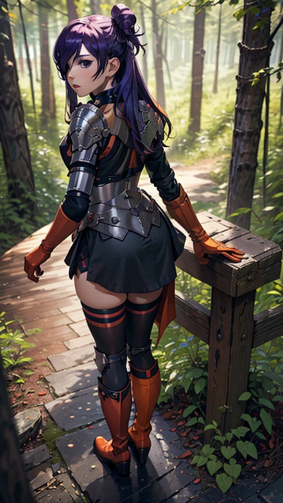 best quality, masterpiece, ultra detailed, detailed, 4K, aesthetic, tasty details, Shez, 1girl, Parted Lips, hair over one eye, choker, armor, cape, black dress, single glove, thighhighs, orange boots, From Behind, Forest.