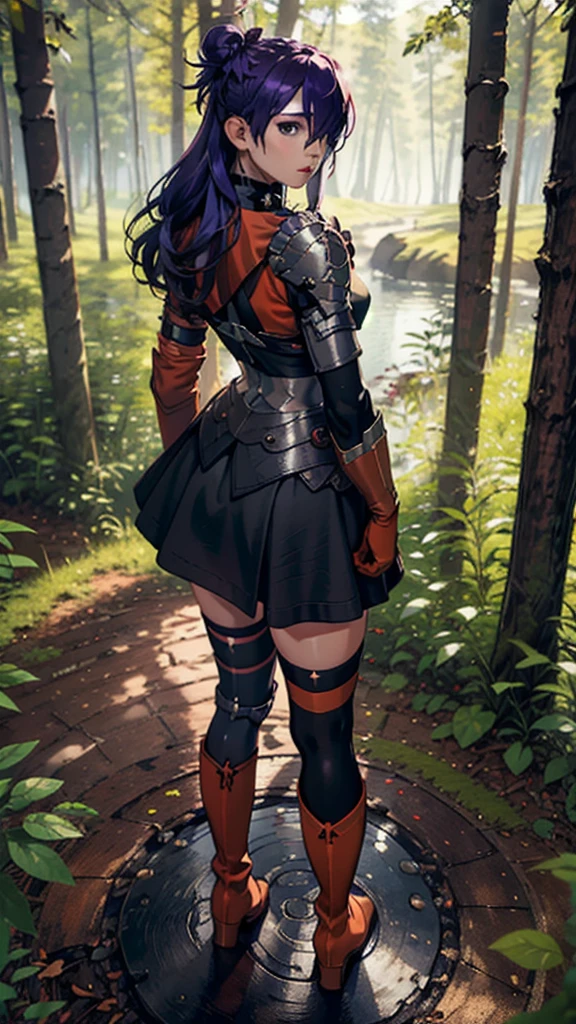 best quality, masterpiece, ultra detailed, detailed, 4K, aesthetic, tasty details, Shez, 1girl, Parted Lips, hair over one eye, choker, armor, cape, black dress, single glove, thighhighs, orange boots, From Behind, Forest.