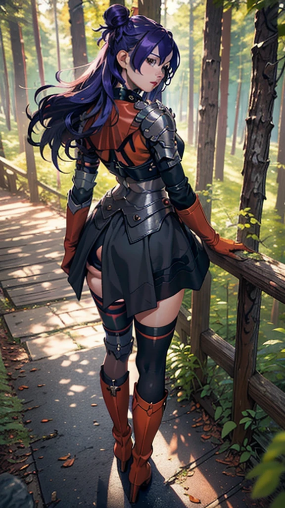 best quality, masterpiece, ultra detailed, detailed, 4K, aesthetic, tasty details, Shez, 1girl, Parted Lips, hair over one eye, choker, armor, cape, black dress, single glove, thighhighs, orange boots, From Behind, Forest.