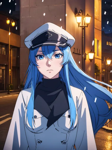 a girl with long blue hair, blue eyes, blue eyelashes, big breasts, white sweatshirt with a hat, walking, upset, on a street in ...