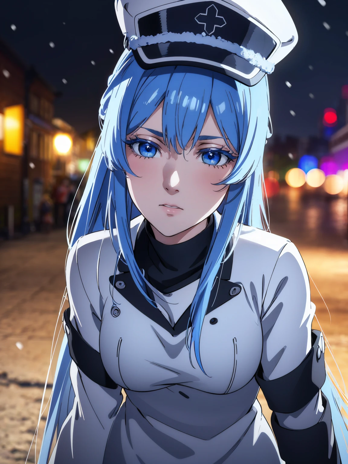 a girl with long blue hair, blue eyes, blue eyelashes, big breasts, white sweatshirt with a hat, walking, upset, on a street in Russia, snowing heavily, at night, (best quality,4k,8k,highres,masterpiece:1.2),ultra-detailed,(realistic,photorealistic,photo-realistic:1.37),HDR,UHD,studio lighting,extreme detail description,vivid colors,portrait,dramatic lighting,cold color tone