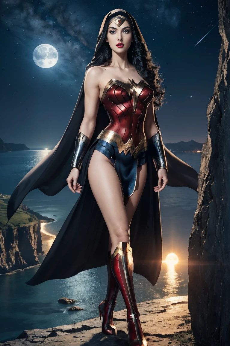 full body beautiful sexy sensual nun superheroine Wonder Woman black long hair, enchanting big blue eyes, white skin, red lips, slim muscular aristocratic body, big round breasts, long thighs, thin waist, standing on top of a cliff and looking into the distance at night in the moonlight