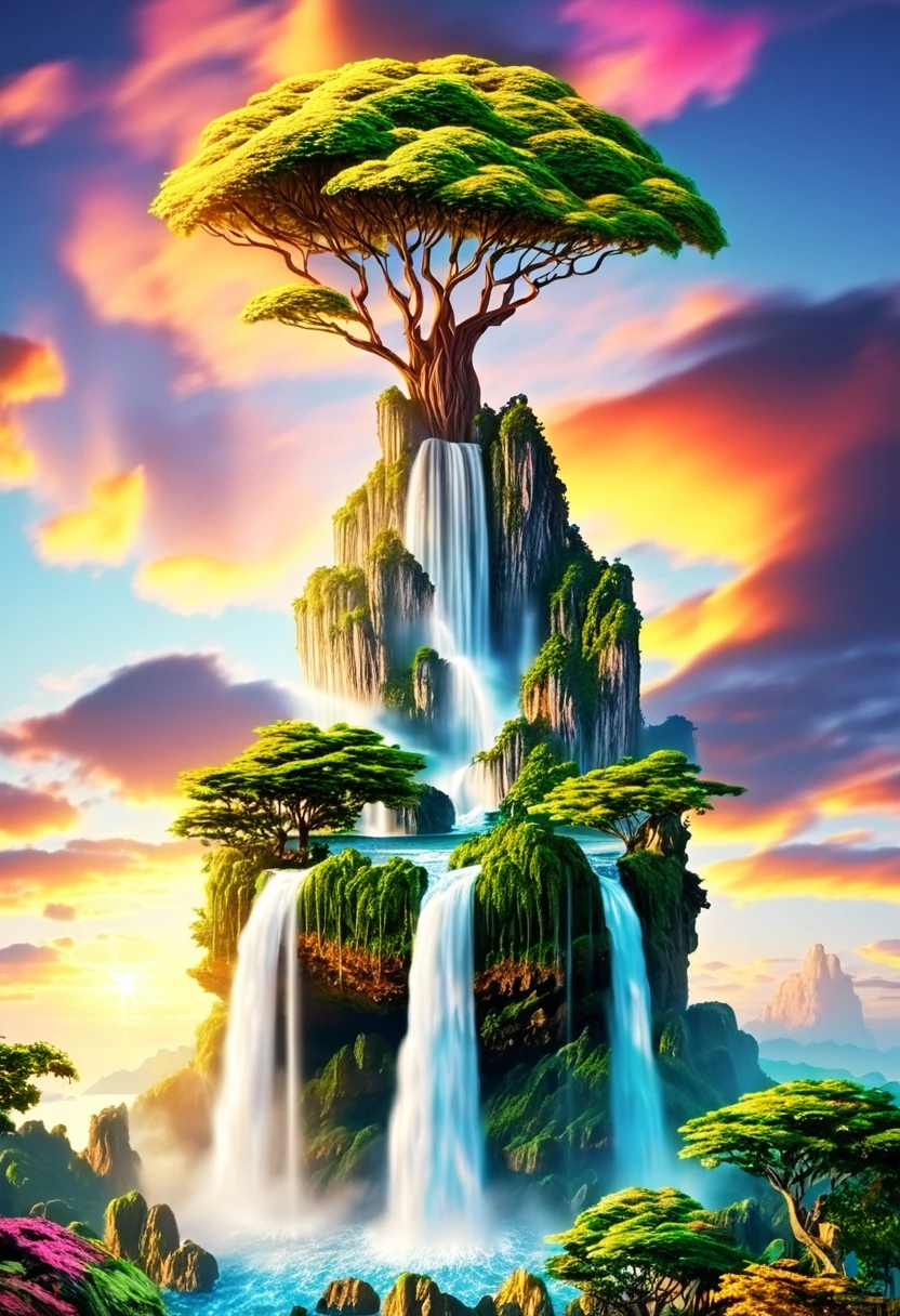 artwork、Highest quality、Better Quality、Flying Island々、Waterfall cascading down from the island、Fantasy World、Magnificent panorama、Colorful Clouds、Flashy colors