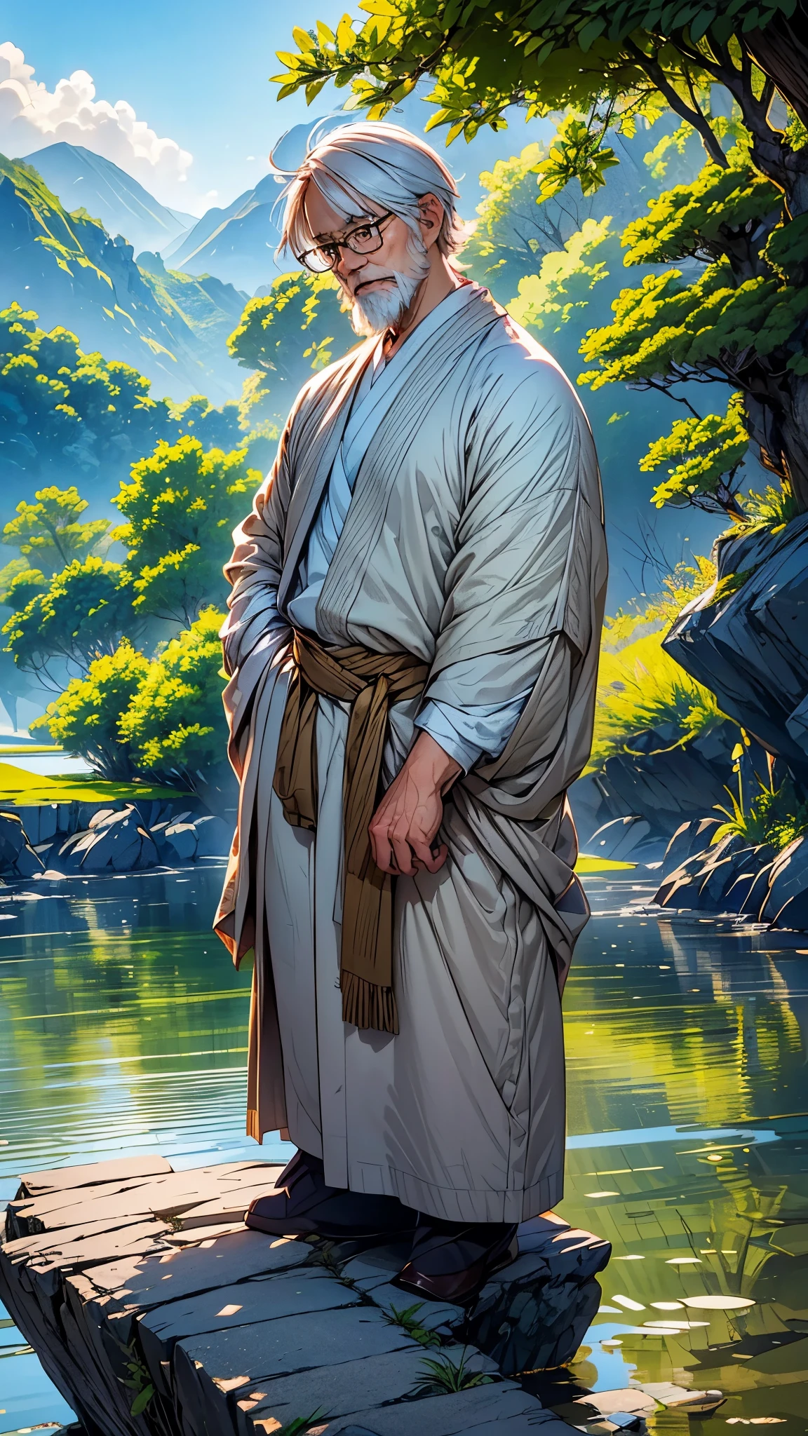 Create a high-quality anime-style image featuring an elderly man standing on a rocky cliff by the sea. The man has white hair, a beard, and is wearing round glasses. He is dressed in a white shirt, beige pants rolled up at the ankles, and white sneakers. His posture is relaxed, with his hands in his pockets, gazing thoughtfully into the distance.

The background consists of a clear blue sky filled with fluffy, white clouds. Below the cliff, there is a calm sea with boats and a small coastal village nestled at the foot of green, mountainous terrain. The scene captures a peaceful, reflective moment, with vibrant colors and detailed shading to emphasize the tranquil and contemplative atmosphere.