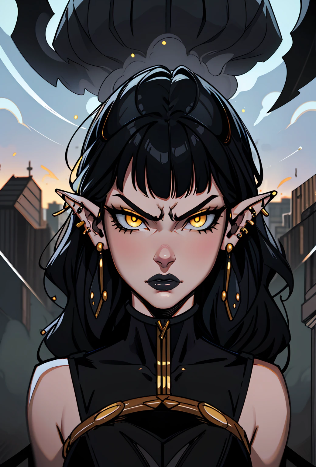 high détail, work of art, dramatic lighting(absurderes, high resolution, ultra detaild), extremely detailed 8k CG unit. mature face, adult Woman, Woman, mature Woman, elf, piercings, Short Wavy Black Hair and Bangs, (black hair), yellow eyes, modest black clothes, mad expression, angry, whole body.