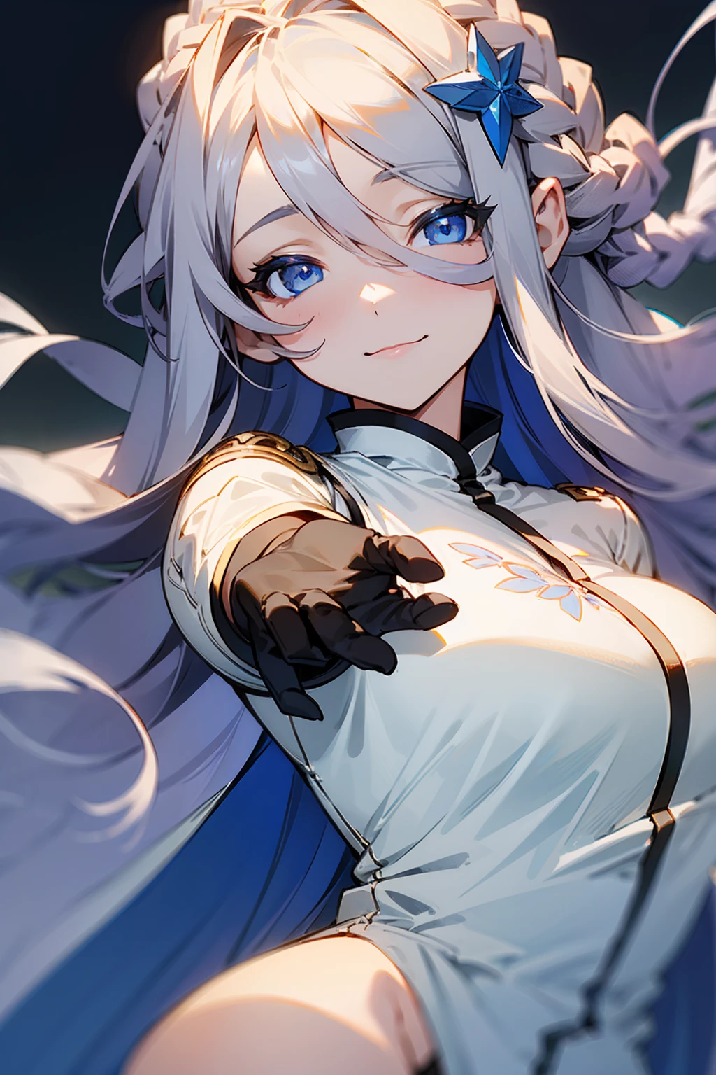 (((1 woman))), ((detailed blue eyes)), ((long silver hair)), large breasts, perfectly drawn body, seductive smile, white pajamas, best quality, masterpiece, ultra-detailed