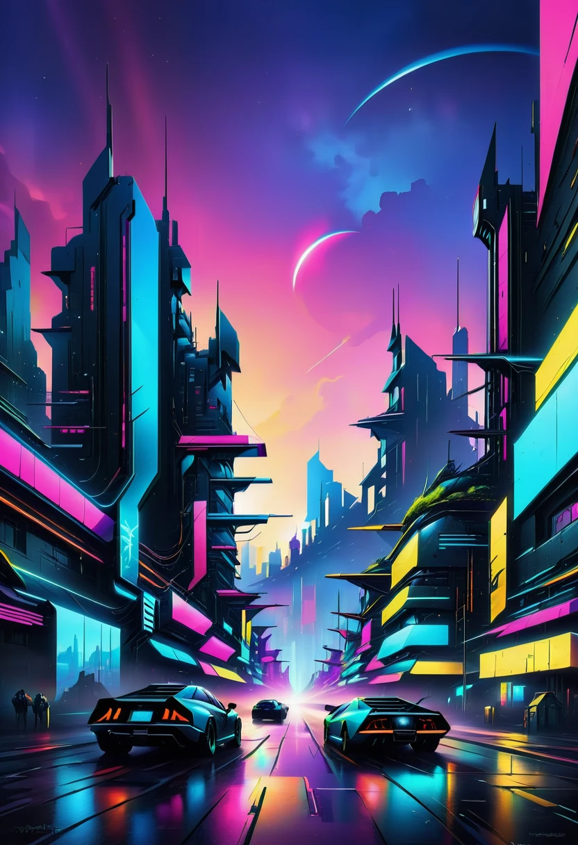 abstrakte digitale Kunst, Neonlichter und Farben, futuristische Stadtlandschaft, cyberpunk style, helle und energiegeladene Komposition.