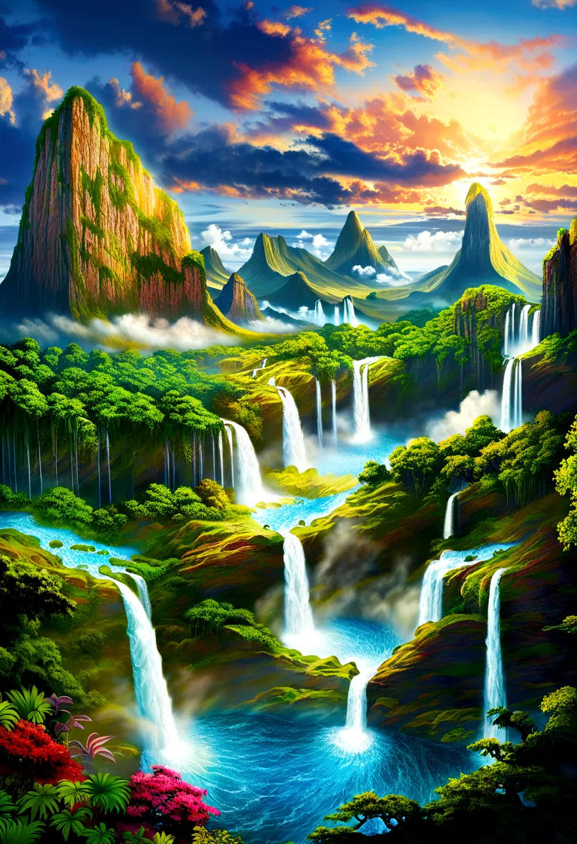 artwork、Highest quality、Better Quality、Flying Island々、Waterfall cascading down from the island、Fantasy World、Magnificent panoram...