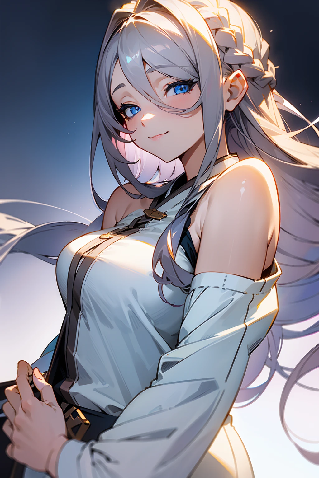 (((1 woman))), ((detailed blue eyes)), ((long silver hair)), large breasts, perfectly drawn body, seductive smile, white pajamas, best quality, masterpiece, ultra-detailed