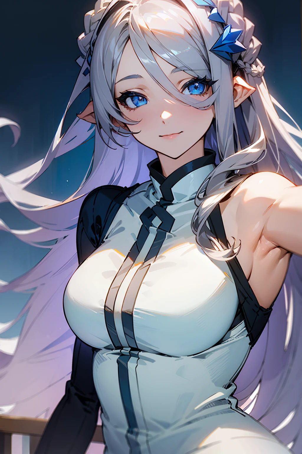 (((1 woman))), ((detailed blue eyes)), ((long silver hair)), large breasts, perfectly drawn body, seductive smile, white pajamas, best quality, masterpiece, ultra-detailed