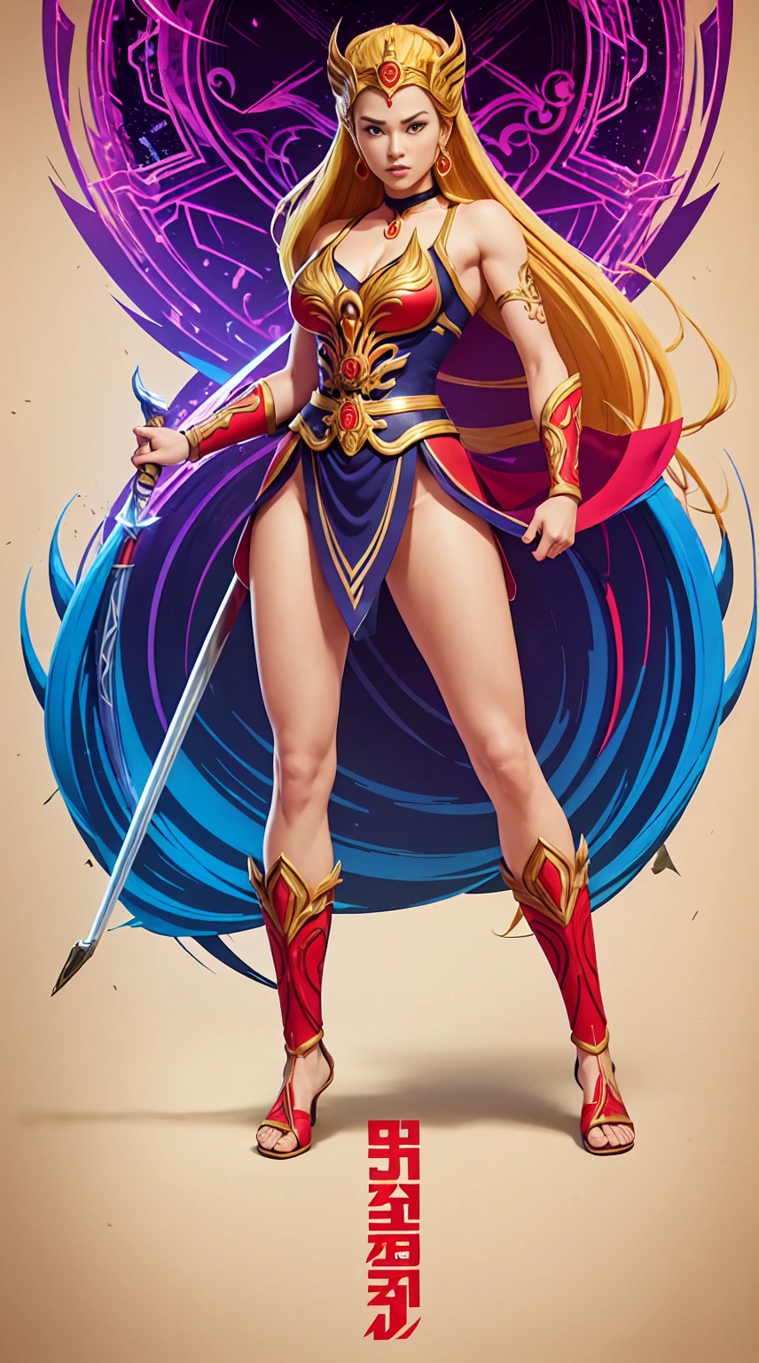 ((Full body photo, standing, feet on the ground))  She-ra, TM Samurai, intricate face details, poster style, icons, vibrant colors, vector style, digital art, 4K, intricate details, mesmerizing, professionally made, beautiful vector illustration, 12K resolution, 3D, all characters in detailed full body, highly detailed, vibrant, ultra high quality, Hyperrealism, Photorealism, octane render]