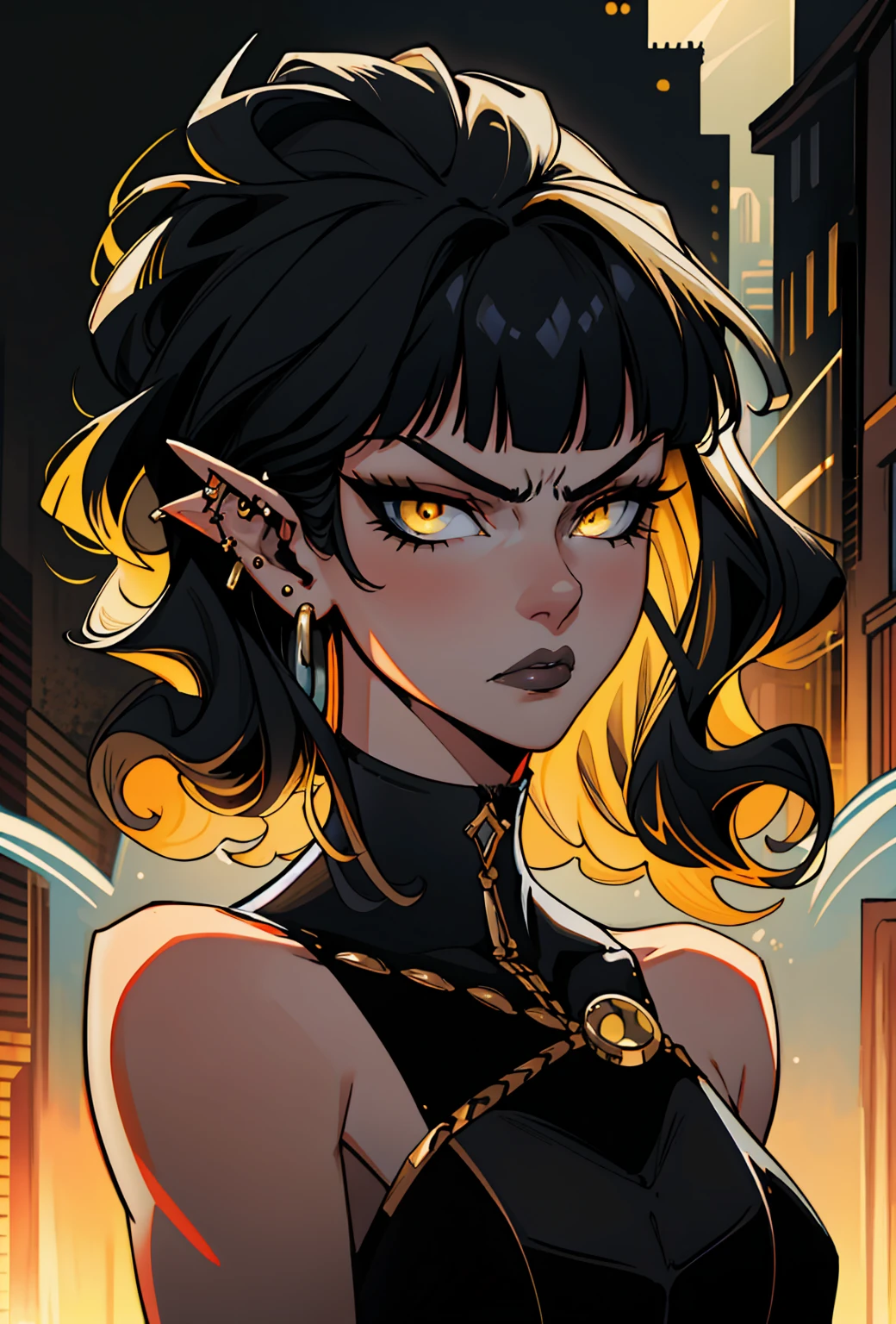 high détail, work of art, dramatic lighting(absurderes, high resolution, ultra detaild), extremely detailed 8k CG unit. mature face, adult Woman, Woman, mature Woman, elf, piercings, Short Wavy Black Hair and Bangs, (black hair), yellow eyes, modest black clothes, mad expression, angry, whole body.