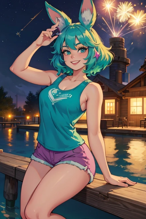 A light teal haired woman with one violet eye and one green eye and light teal rabbit ears in a cute tank top and shorts is playing with a sparkler on the dock with a big smile.