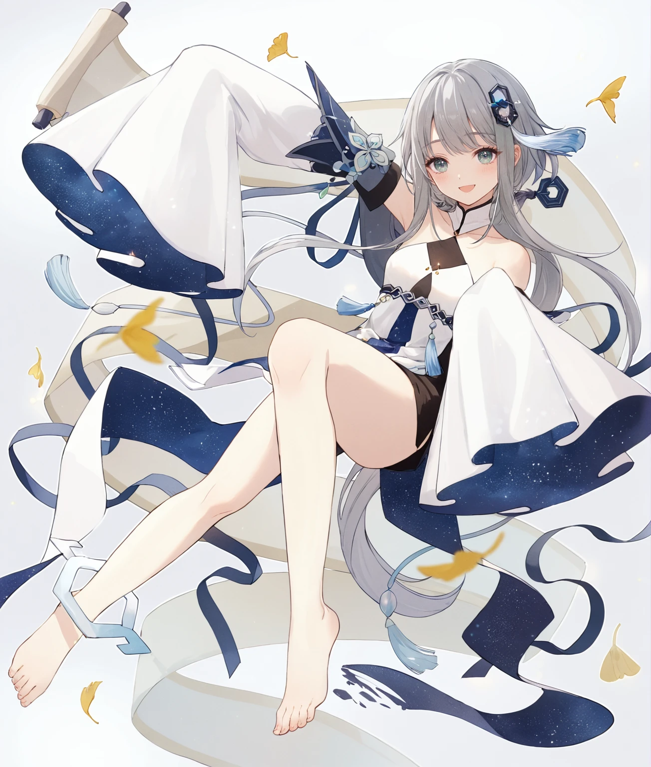 1girl, guizhong_\(genshin_impact\),light grey hair,short_hair_with_long_locks,starry_sky_print,detached_sleeves, long sleeves that drape over hands past fingers,hanfu,pale blue eyes,vivid anime coloring,cel shading,smooth, soft dreamy focus,anklet,halter_top,white clothes,highly detailed,digital painting,bare_shoulders,barefoot,cool night tones, magical night scene,masterpiece, best quality, film, bokeh, multicolored light particles,professional, 4k, highly detailed,