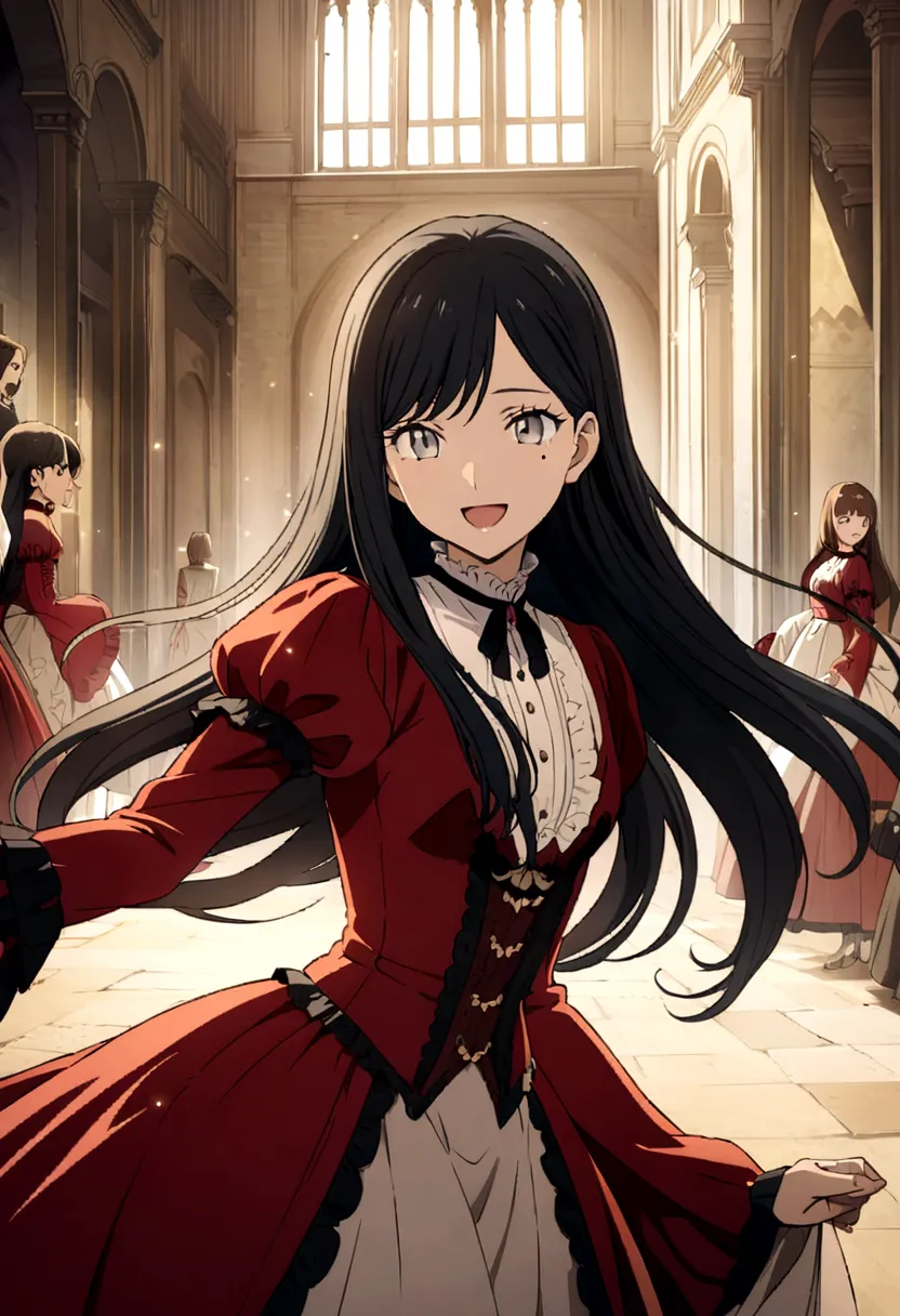 Victorian era in Europe, Women, perfect anime illustration, beautiful, happy, elegante y amable Women, light brown skin, sincere eyes, grey eyes, long hair, straight hair, black hair, wears red Victorian clothing, mole on one side of the eye, Best Quality,...