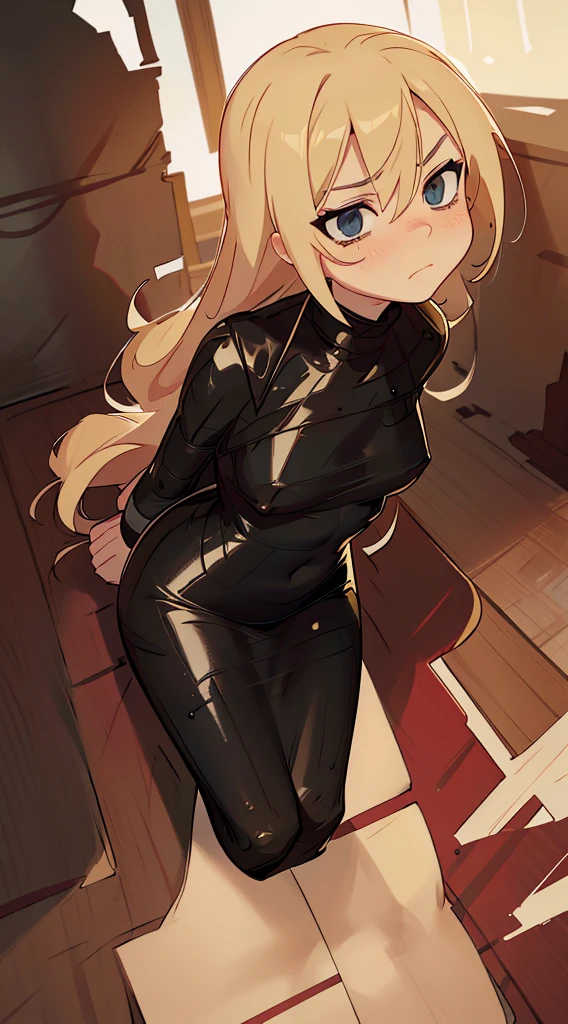 [[[[[solo girl, all alone]]]]]. long blonde hair, assasin girl, young adult, perfect shape, gorgeous hips, small breast, distressed, backing up from the viewer, cornered, looking away in distress, big shiny black leather boots, [[[[[arms behind the back]]]]], glare, hatred, disgust, perfect body, skinny girl, fallen over, [[[[[lying on the floor]]]]], ready to kill, tight seamless latex tape bondage mummification, mummified in skin tight seamless latex black packing tape