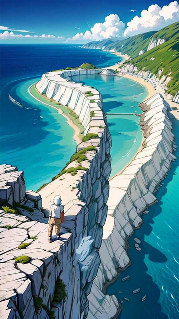 Create a high-quality anime-style image featuring an elderly man standing on a rocky cliff by the sea. The man has white hair, a beard, and is wearing round glasses. He is dressed in a white shirt, beige pants rolled up at the ankles, and white sneakers. His posture is relaxed, with his hands in his pockets, gazing thoughtfully into the distance.

The background consists of a clear blue sky filled with fluffy, white clouds. Below the cliff, there is a calm sea with boats and a small coastal village nestled at the foot of green, mountainous terrain. The scene captures a peaceful, reflective moment, with vibrant colors and detailed shading to emphasize the tranquil and contemplative atmosphere.