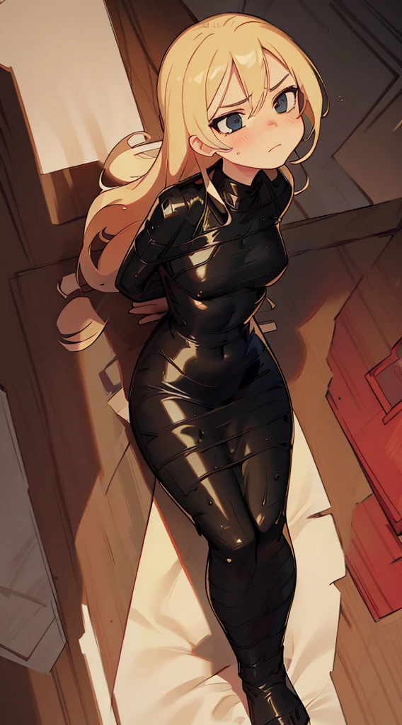 [[[[[solo girl, all alone]]]]]. long blonde hair, assasin girl, young adult, perfect shape, gorgeous hips, small breast, distressed, backing up from the viewer, cornered, looking away in distress, big shiny black leather boots, [[[[[arms behind the back]]]]], glare, hatred, disgust, perfect body, skinny girl, fallen over, [[[[[lying on the floor]]]]], ready to kill, tight seamless latex tape bondage mummification, mummified in skin tight seamless latex black packing tape