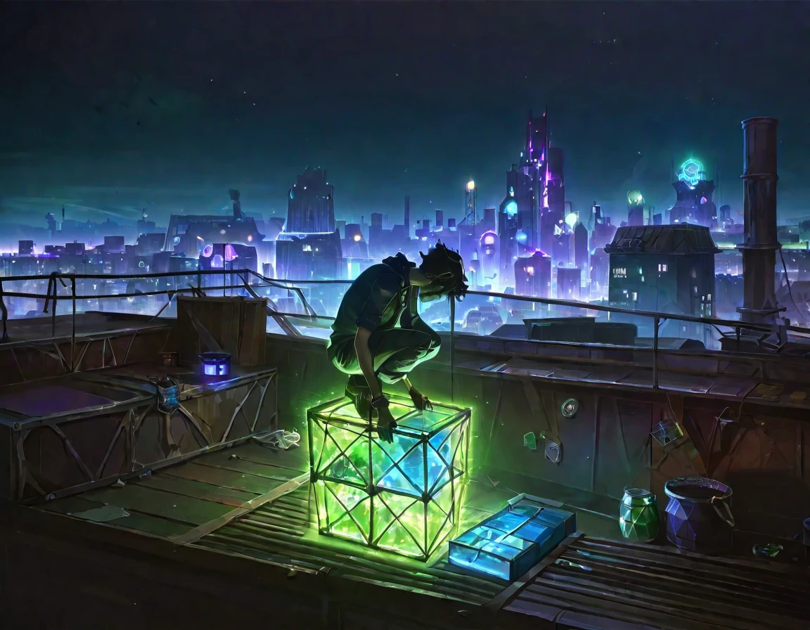 score_9, score_8_up, score_7_up, score_6_up, best aesthetic, Arcane, a person squatting on a crate on top of a roof, long shot, concept art, city in background, great use of color theory, blue and green colors, particles flying, dark, nighttime, 
