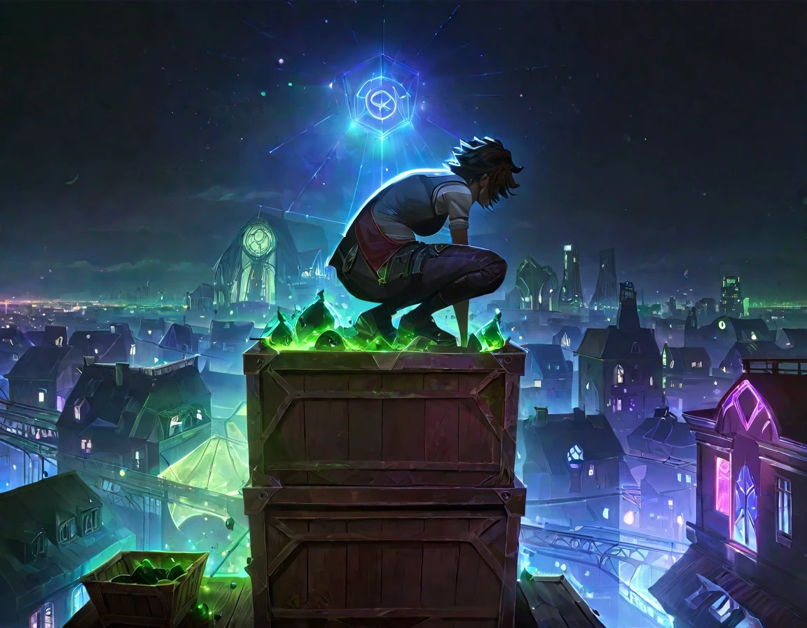 score_9, score_8_up, score_7_up, score_6_up, best aesthetic, Arcane, a person squatting on a crate on top of a roof, long shot, concept art, city in background, great use of color theory, blue and green colors, particles flying, dark, nighttime, 
