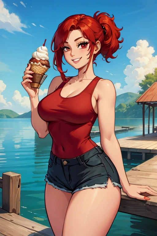 A red haired woman with red eyes and an hourglass figure in a cute tank top and shorts is eating ice cream on the dock with a big smile.