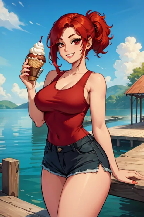 A red haired woman with red eyes and an hourglass figure in a cute tank top and shorts is eating ice cream on the dock with a bi...