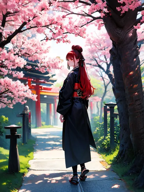 ((masterpiece,best quality)),2girls, black kimono, black legwear, black ribbon, black hair, cherry blossoms, day, flower, hair b...