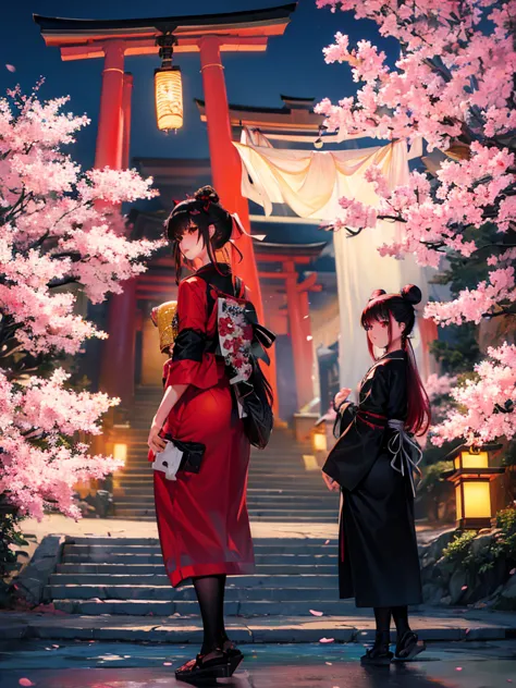 ((masterpiece,best quality)),2girls, black kimono, black legwear, black ribbon, black hair, cherry blossoms, day, flower, hair b...