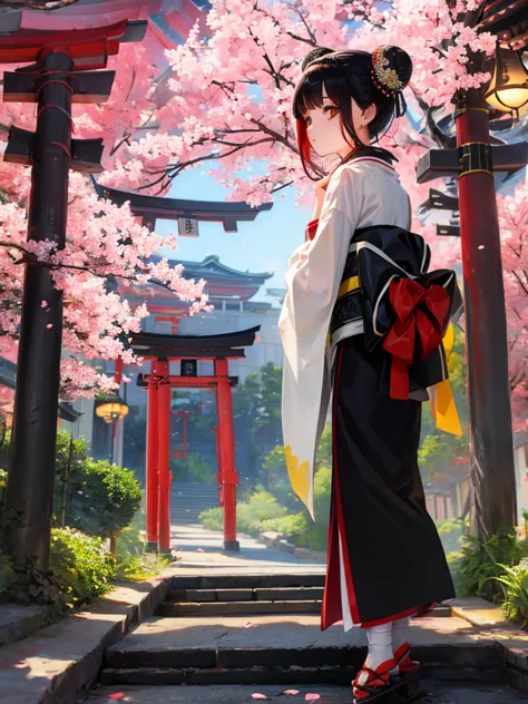 ((masterpiece,best quality)),2girls, black kimono, black legwear, black ribbon, black hair, cherry blossoms, day, flower, hair b...