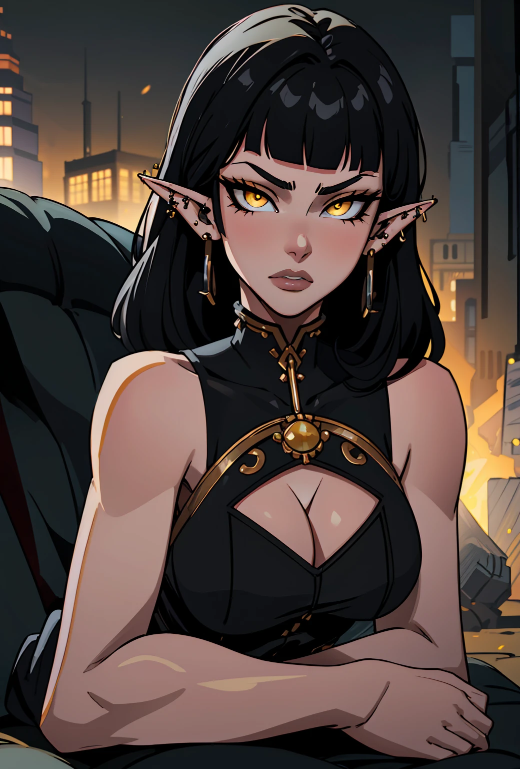 high détail, work of art, dramatic lighting(absurderes, high resolution, ultra detaild), extremely detailed 8k CG unit. mature face, adult Woman, Woman, mature Woman, elf, piercings, Short Wavy Black Hair and Bangs, (black hair), yellow eyes, modest black clothes, mad expression,  whole body, sitting on the ground