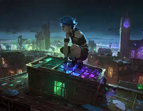 score_9, score_8_up, score_7_up, score_6_up, best aesthetic, arcane, a person squatting on a crate on top of a roof, long shot, ...