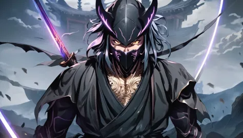 ninja mask, cape,close up, black heavy detailed clothes, katana, art, dark and malevolent, hand sword, armor, powerful and intim...