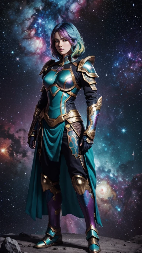 women with rainbow colored hair and teal detailed armor, standing, rainbow colorful cosmic nebula background, estrelas, galaxies, detalhes intrincados, rosto perfeito