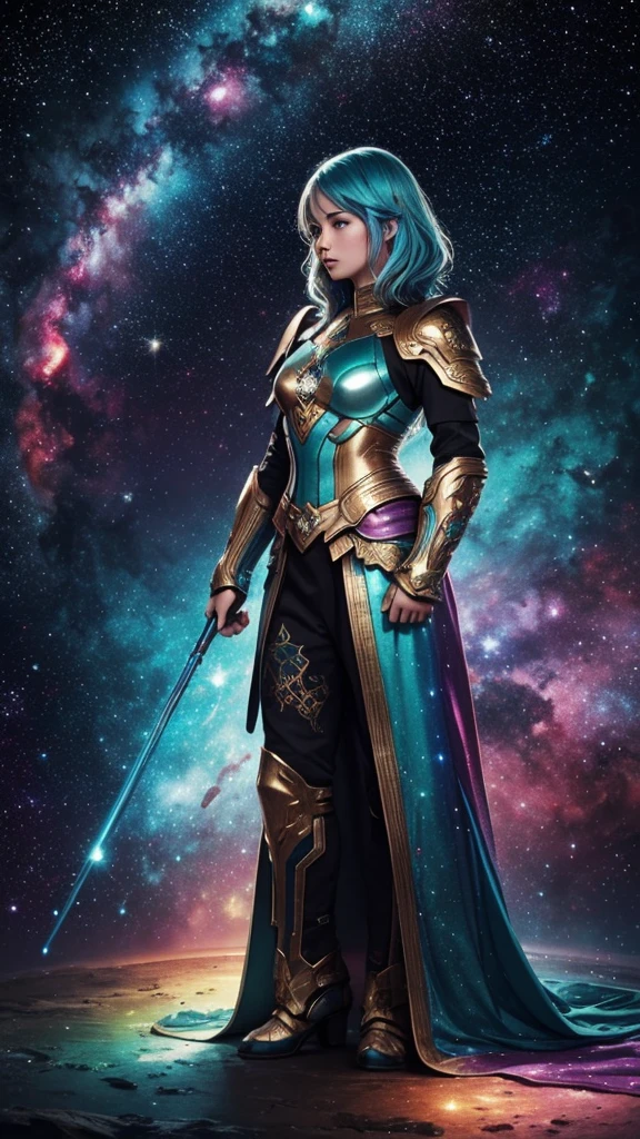 women with rainbow colored hair and teal detailed armor, standing, rainbow colorful cosmic nebula background, estrelas, galaxies, detalhes intrincados, rosto perfeito